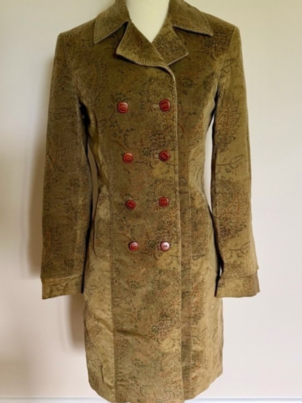 Women's Express Olive Green Paisley Double-Breasted Coat